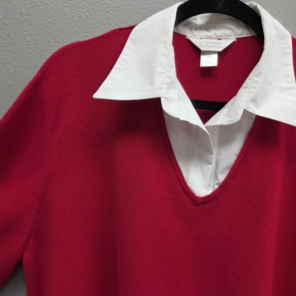 CJ Banks Sweater Womens 3X Red Collared V Neck Layered Look Pullover Mock Shirt - Picture 2 of 9